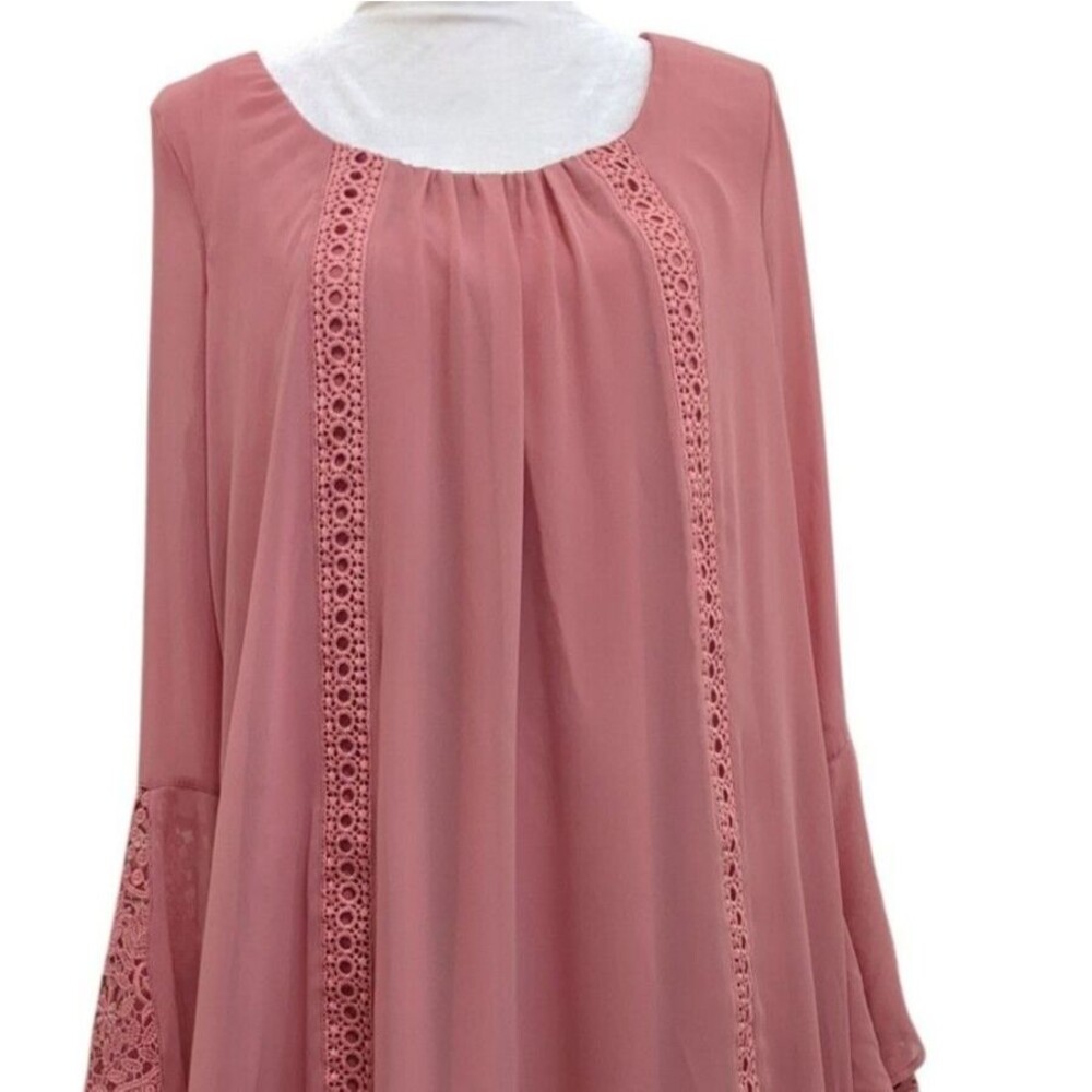 Sequin Hearts Dusty Rose Lace Trim Tunic Top Oversized Sheer Sleeve Dress Large
